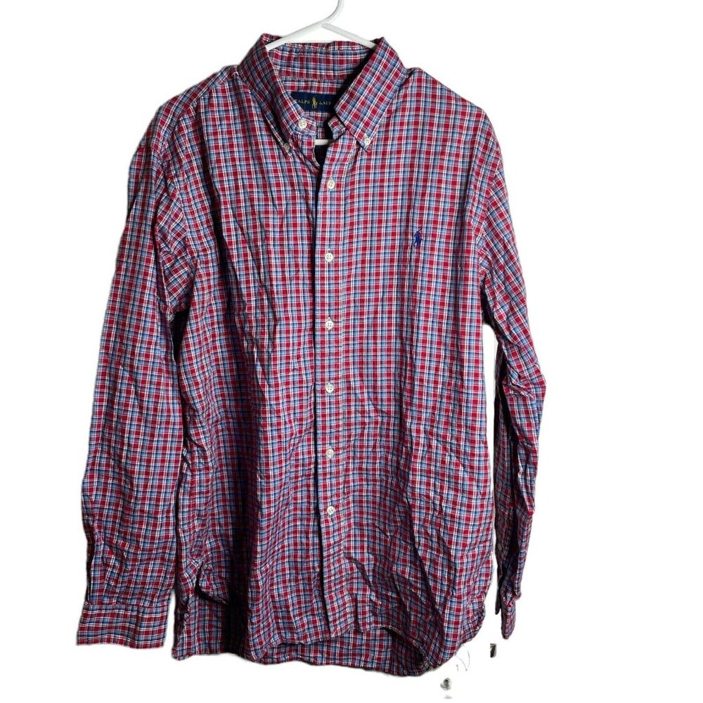 Ralph Lauren Polo Shirt Mens Large Button Up Red Plaid Blue Pony Logo